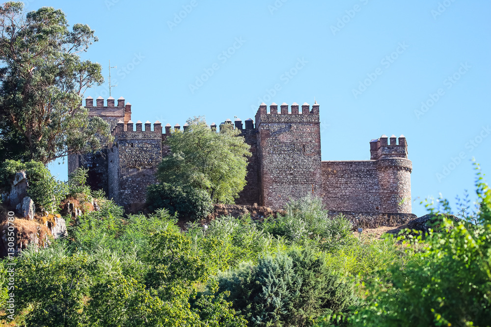 Castle wall with battlement and fortified tower in clear and sun