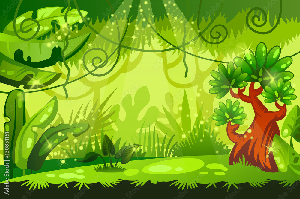 Naklejka premium cartoon jungle background. tropical landscape. vector illustration