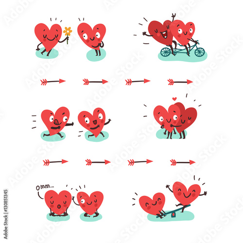 Couple in love concept. Two cute hearts doing various funny activities together: hugging, biking, jogging, yoga, swinging. Vector illustration in flat style