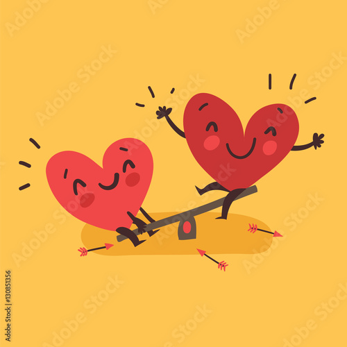 Couple in love. Two happy hearts swinging. Happy Valentine's day vector card