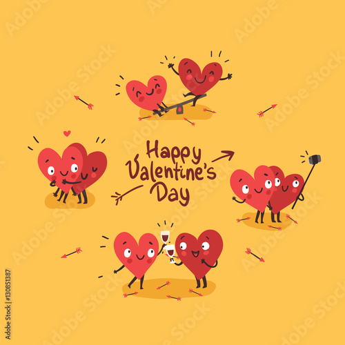 Two happy hearts in love. Cute couple in love doing activities together: drinking, swinging, making selfie. Happy Valentine's day vector card