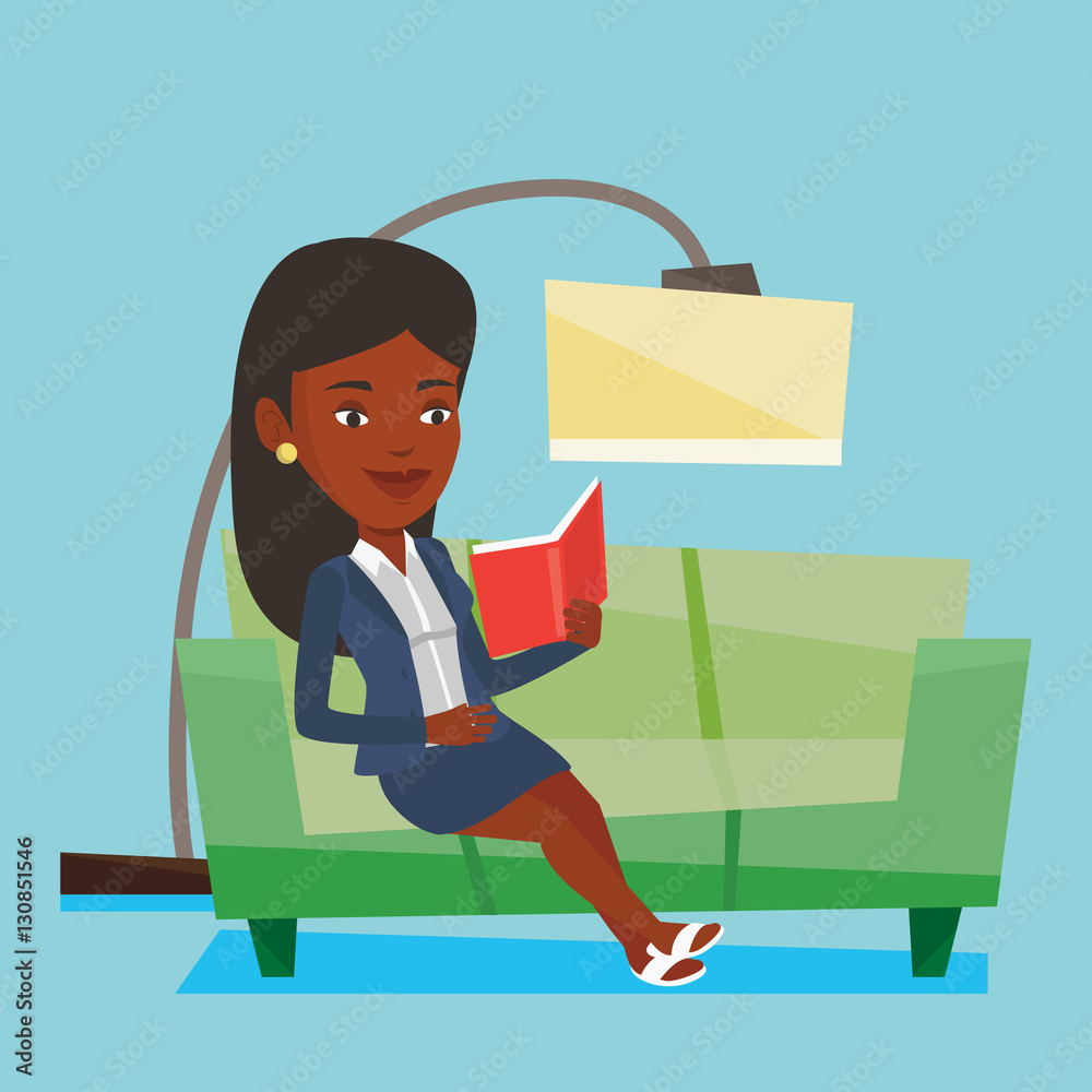 Woman reading book on sofa vector illustration.