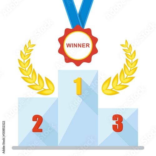 Victory Podium with first, second and third place. Conceptual image competition winner. Cup medal. Laurel wreath. Cartoon flat vector illustration. Objects isolated on a background.