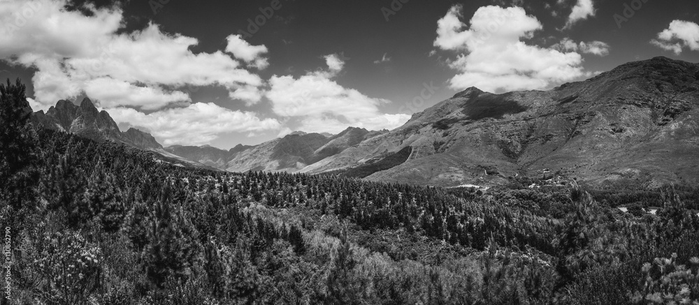 Scenic view of Jonkershoek Nature Reserve in black and white