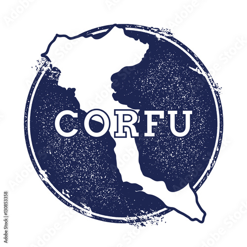 Corfu vector map. Grunge rubber stamp with the name and map of island, vector illustration. Can be used as insignia, logotype, label, sticker or badge.