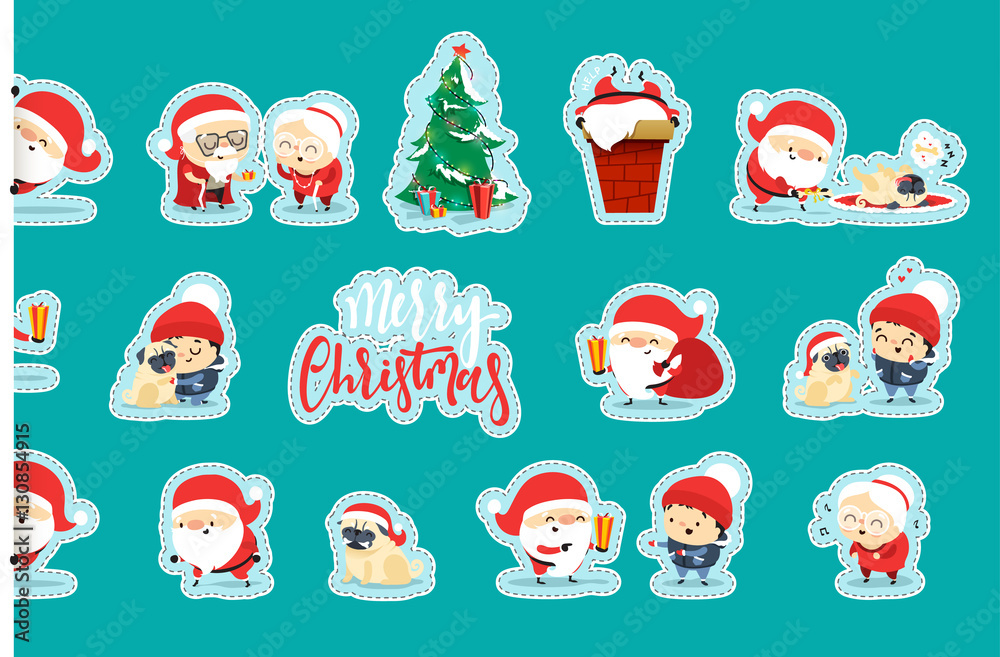 Quirky Santa Claus Funny Christmas characters in flat style. Set Santa Claus, small child, an elderly couple, grandparents, pet dog. Festive character for Christmas cards. Cute cartoon people.