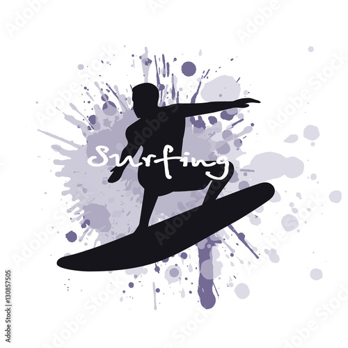 silhouette of the men of the surfer against the background of splashes in style grunge