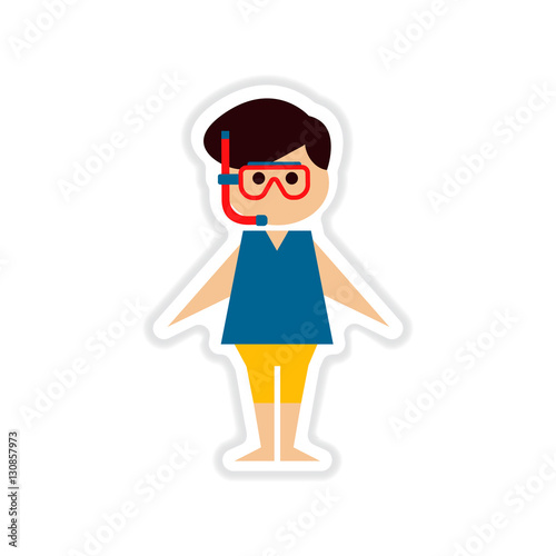 paper sticker on white background boy in diving mask