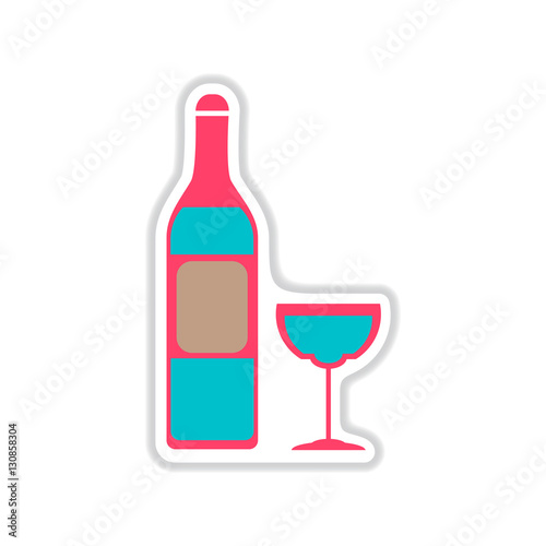 paper sticker on white background wine bottle wineglass  