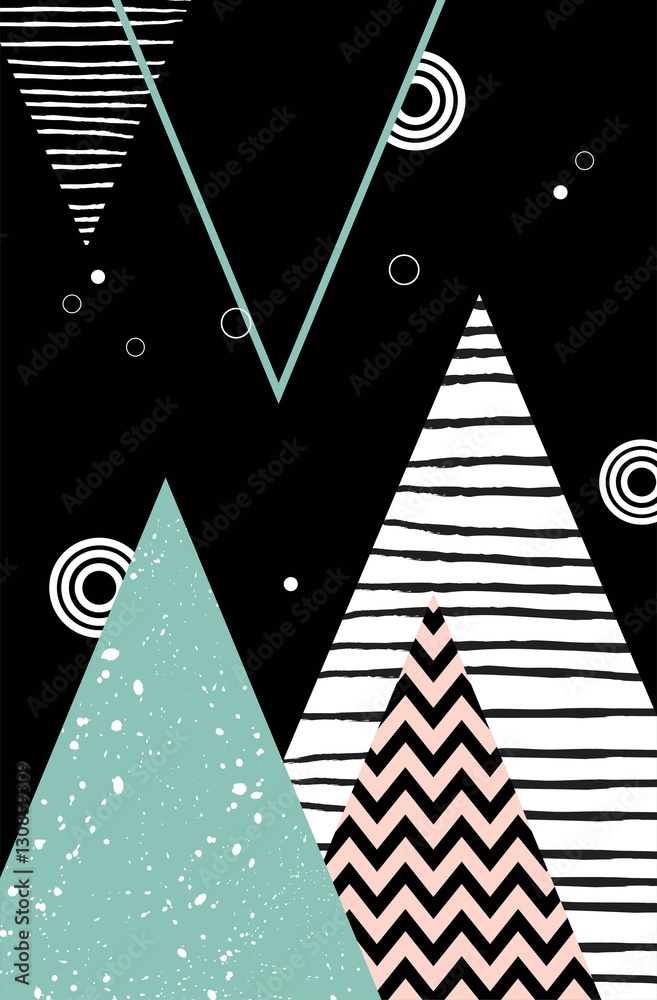 Fototapeta Abstract geometric Scandinavian style pattern with mountains, trees and triangles.