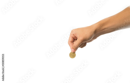 woman hand giving golden coin to hand of man