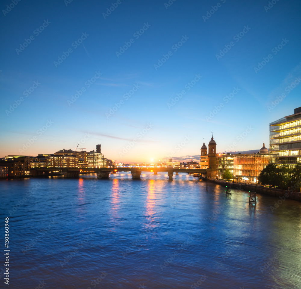 London skyline on the river Thames at sunset