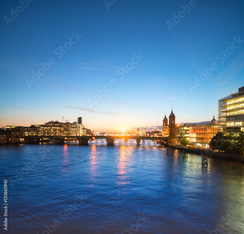 London skyline on the river Thames at sunset