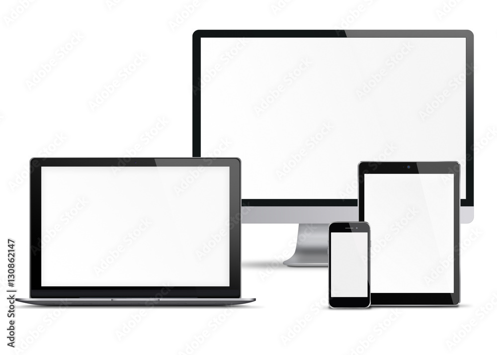 Computer monitor, mobile phone, smartphone, laptop and tablet pc with blank screen isolated on white background. 3D illustration. Computer monitor, mobile phone, smartphone, laptop and tablet pc with blank screen isolated on white background. 3D illustration.