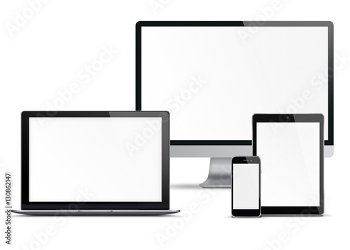 Computer monitor, mobile phone, smartphone, laptop and tablet pc with blank screen isolated on white background. 3D illustration.