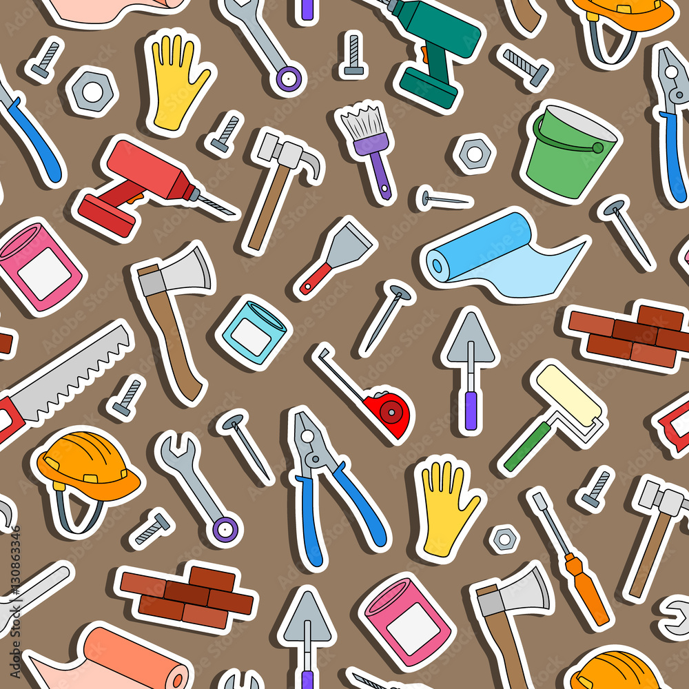 Seamless background on the topic of construction and repair , simple colored icons in the form of stickers on a brown background Seamless background on the topic of construction and repair , simple colored icons in the form of stickers on a brown background