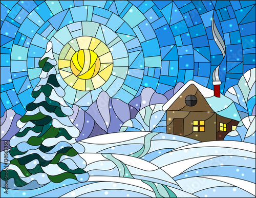 Illustration in vintage style winter landscape, village house and fir-tree on a background of snow, sky and sun