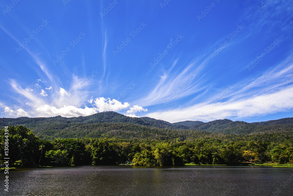 Reservoir under blue sky with a mountain backdrop