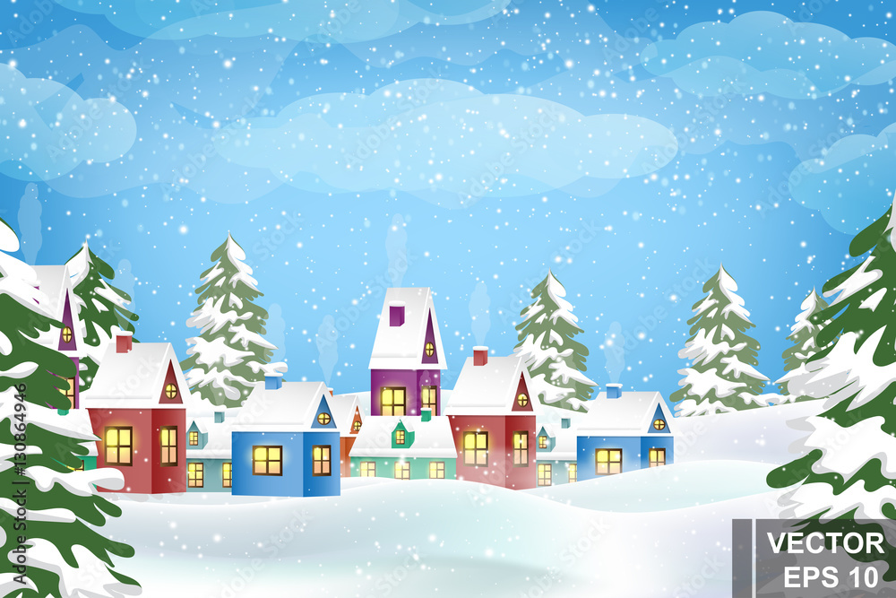 Winter landscape. Christmas trees and houses. Snow. Merry Christmas and a Happy New Year