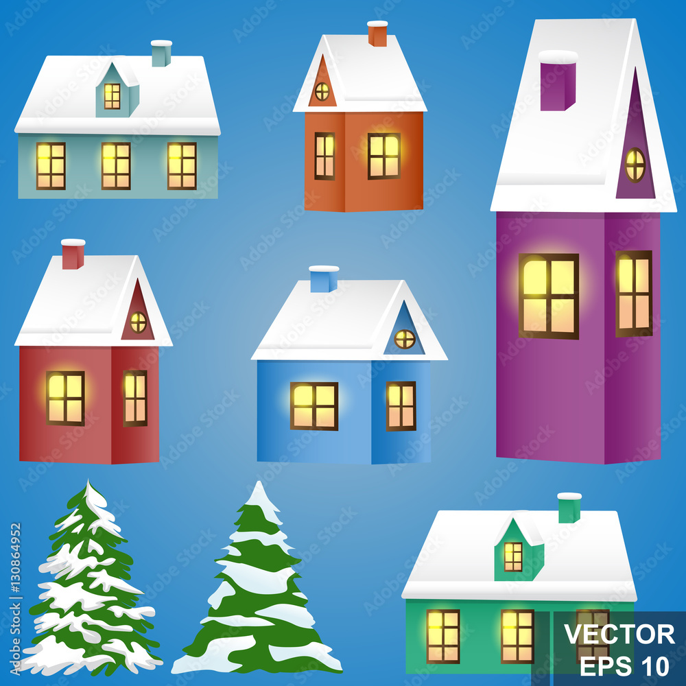 Snow-covered house. Cartoon. Firs. set. Winter. Merry Christmas and Happy New Year.