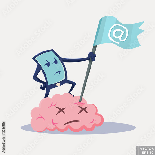 Enslaved by Technology. A hand drawn cartoon illustration of brain who s addicted to smartphone tablet internet.
