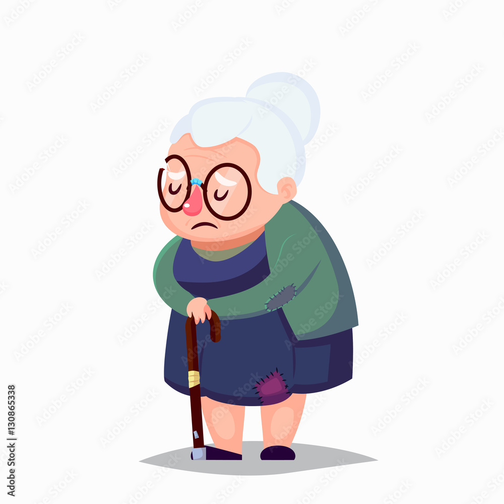 cartoon poor Senior woman in old clothes with cane and glasses Stock  Illustration | Adobe Stock