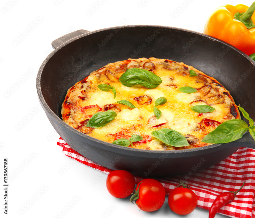 Freshly baked pizza in a pan on white background Freshly baked pizza in a pan on white background