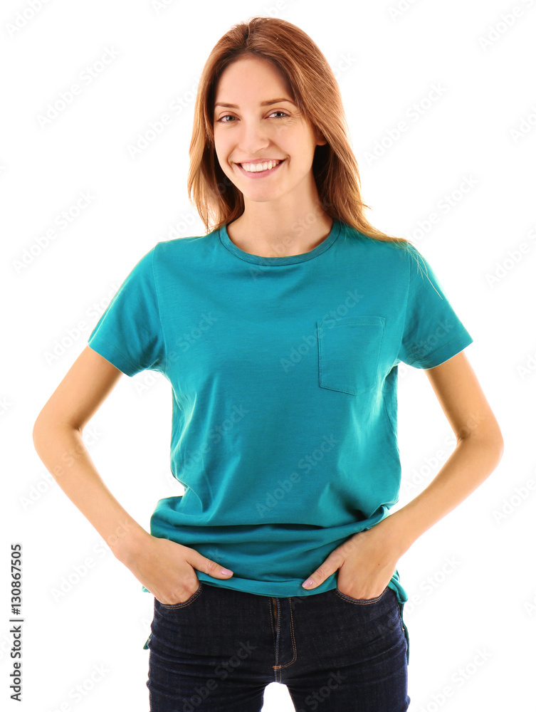 Young woman in blank color t-shirt on white background Young woman in blank color t-shirt on white background