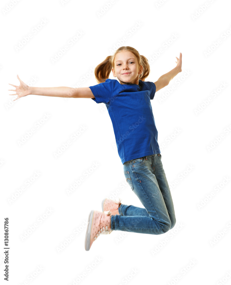 Funny girl jumping on white background