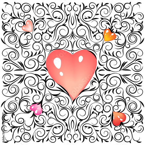 Doodle sketch ornament Valentines Day with soft pink blurred hearts. Vector illustration 
