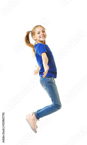 Funny girl jumping on white background