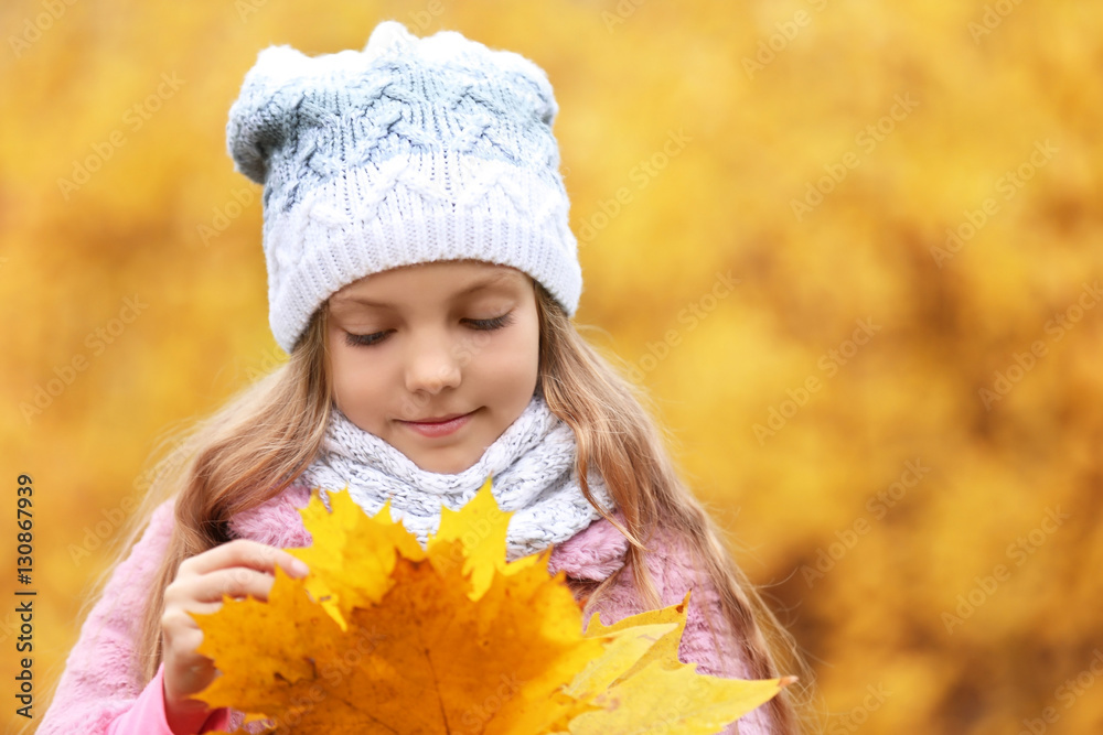 Cute girl with bouquet of maple leaves on blurred background Cute girl with bouquet of maple leaves on blurred background