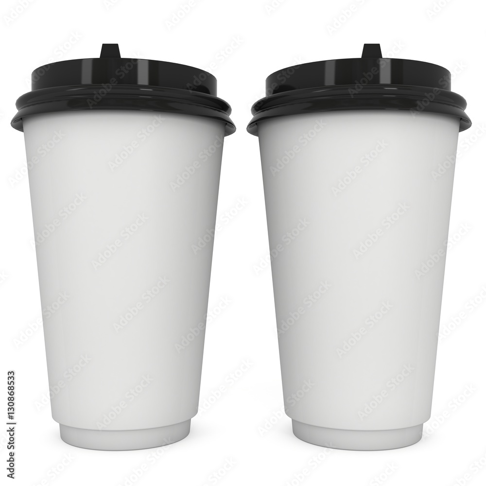 Disposable coffee cups. Blank paper mug with plastic cap. 3d render isolated on white background Disposable coffee cups. Blank paper mug with plastic cap. 3d render isolated on white background