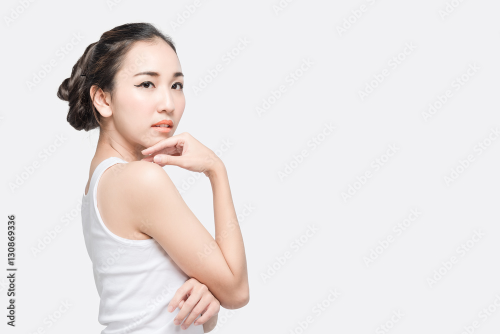 Closeup young beautiful woman smile pure cosmetic skin Closeup young beautiful woman smile pure cosmetic skin