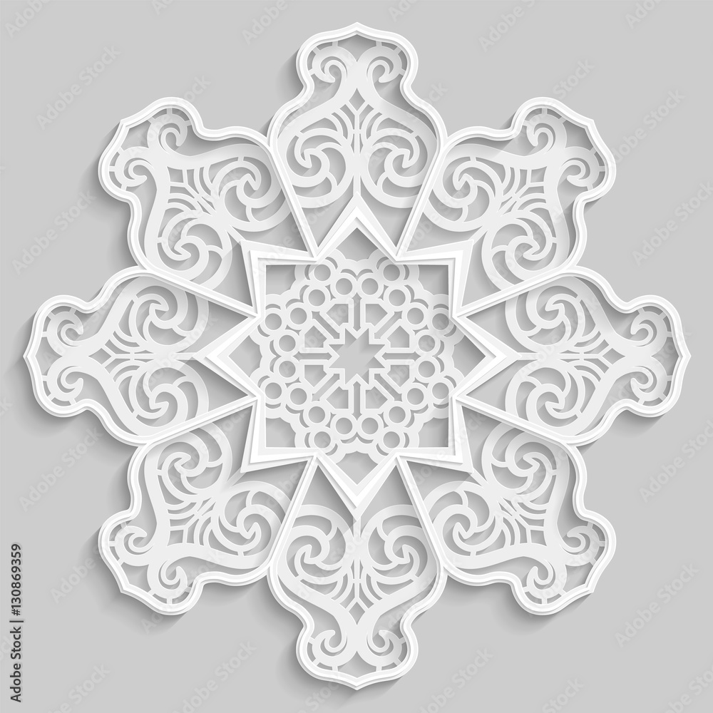 Lace 3D mandala, round symmetrical openwork pattern, lacy doily, decorative  snowflake, arabic ornament, indian ornament, embossed pattern, decorative design element,  vector