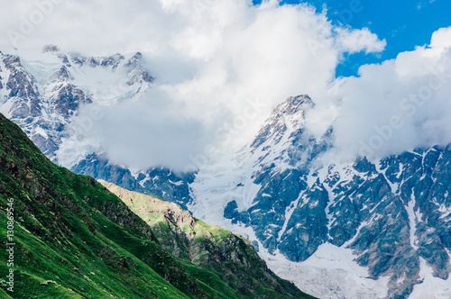Rocky Caucasus Mountains (Bezengi Wall, Shkhara) landscape in Ushguli, Svaneti, Georgia 