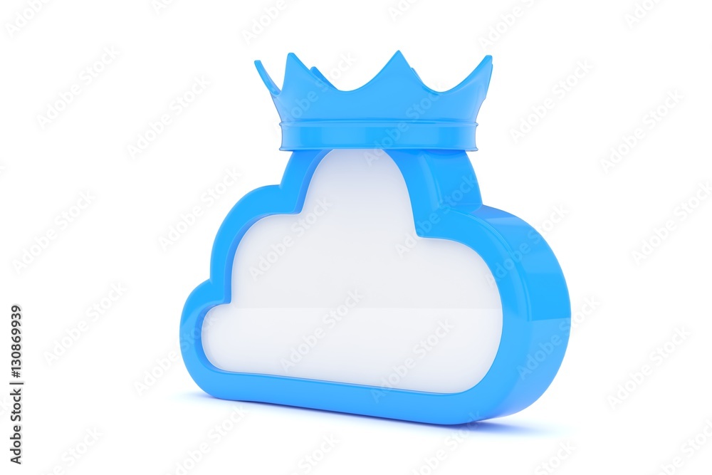 Isolated blue cloud icon with crown on white background. Symbol of communication, network and technology. Broadband. Online database. 3D rendering. Isolated blue cloud icon with crown on white background. Symbol of communication, network and technology. Broadband. Online database. 3D rendering.