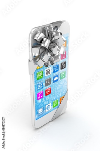 White phone with silver bow and icons. 3D rendering.