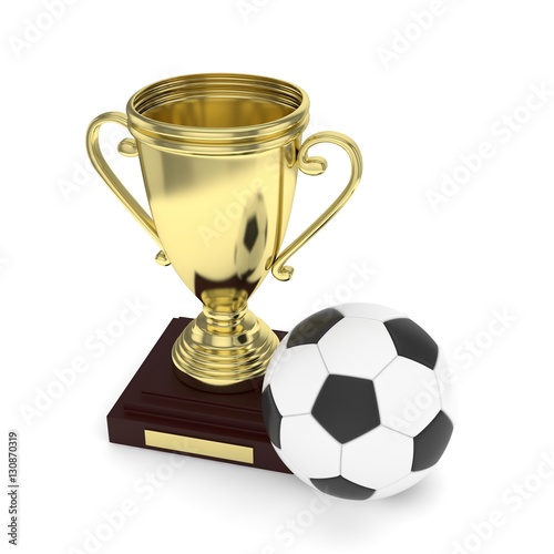 Isolated golden cup with ball on white background. Soccer and football. First place trophy. Game and competition. 3D rendering