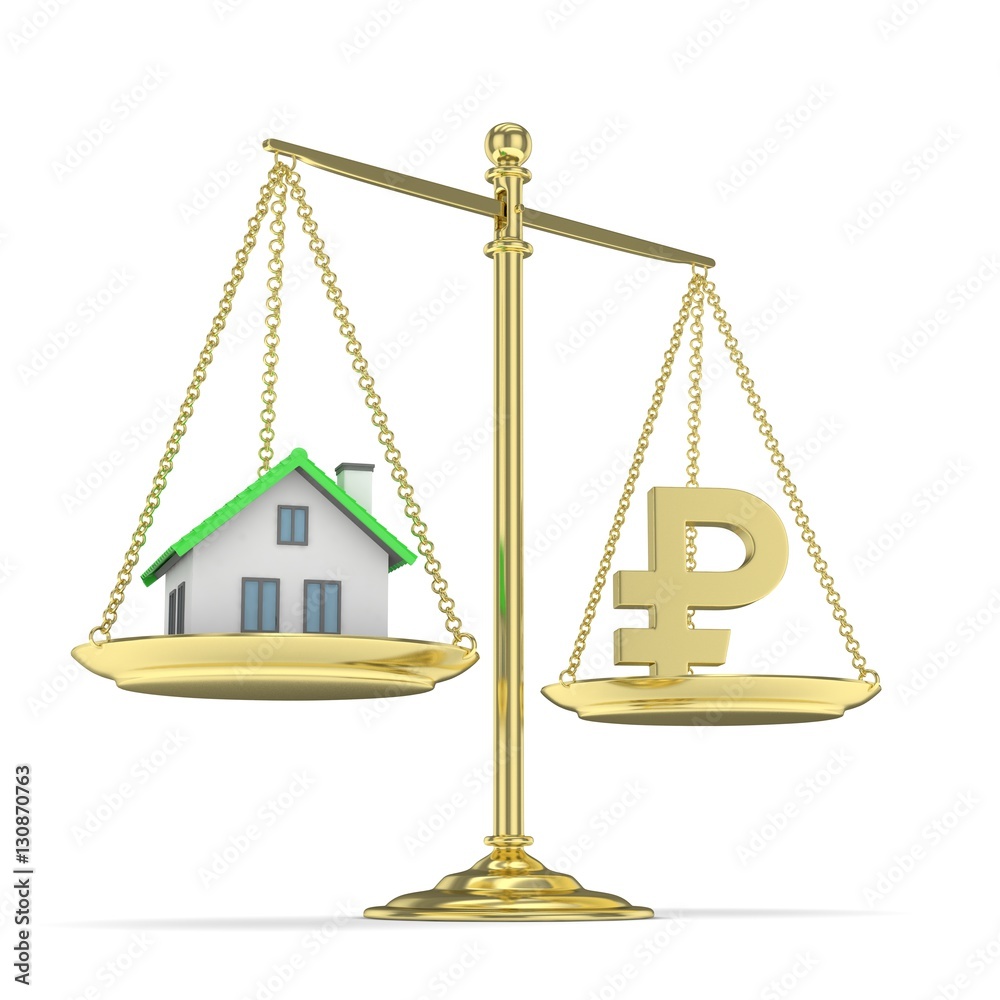 Isolated old fashioned pan scale with ruble and house on white background. Real estate vs russian currency. Affordable house. 3D rendering. Isolated old fashioned pan scale with ruble and house on white background. Real estate vs russian currency. Affordable house. 3D rendering.