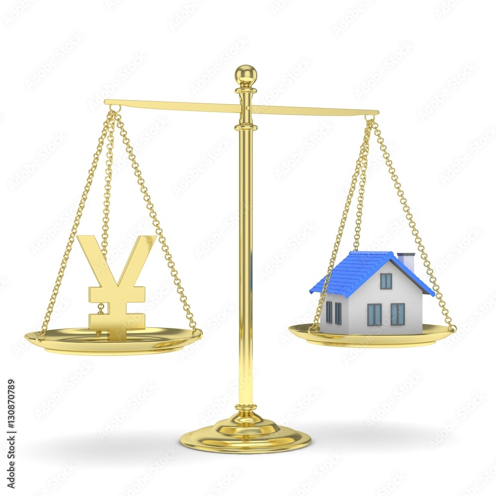 Isolated golden scales with golden yuan and house on white background. Investment or savings concept. Real estate and currency. 3D rendering. Isolated golden scales with golden yuan and house on white background. Investment or savings concept. Real estate and currency. 3D rendering.