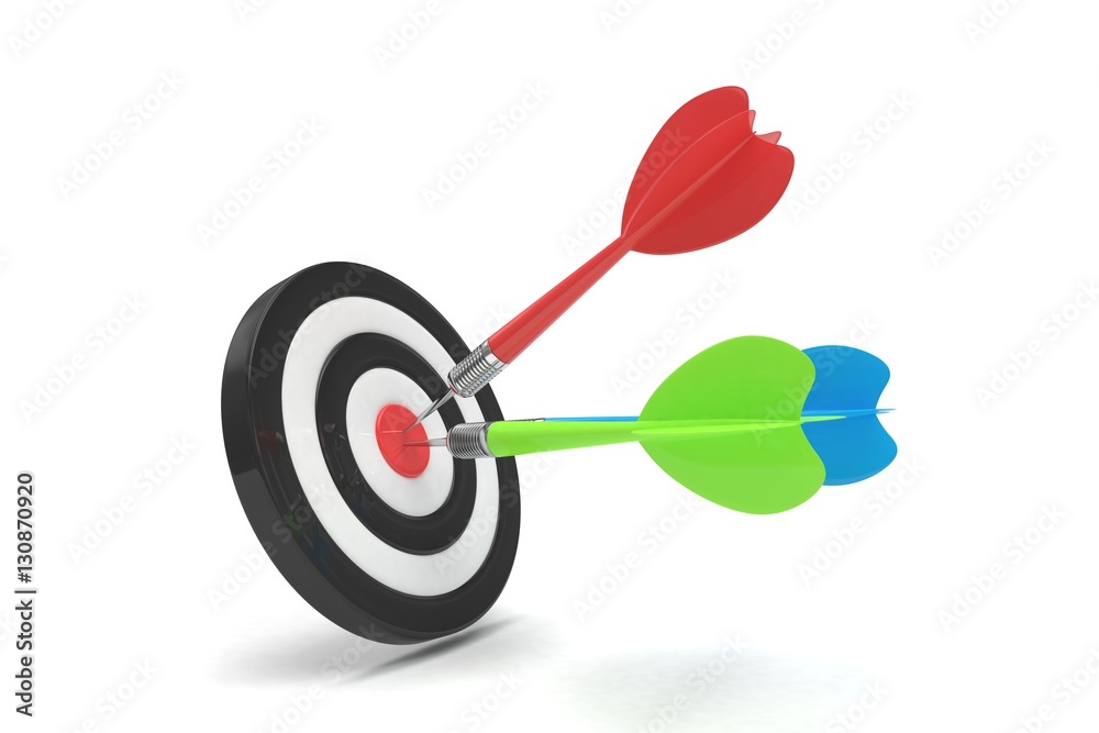 Three multicolor arrows darts in center. 3d rendering. Three multicolor arrows darts in center. 3d rendering.