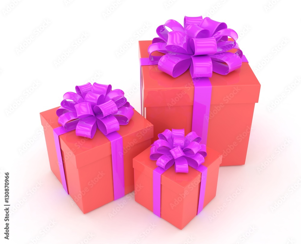 three gift boxes with bows isolated on white. 3d rendering. three gift boxes with bows isolated on white. 3d rendering.