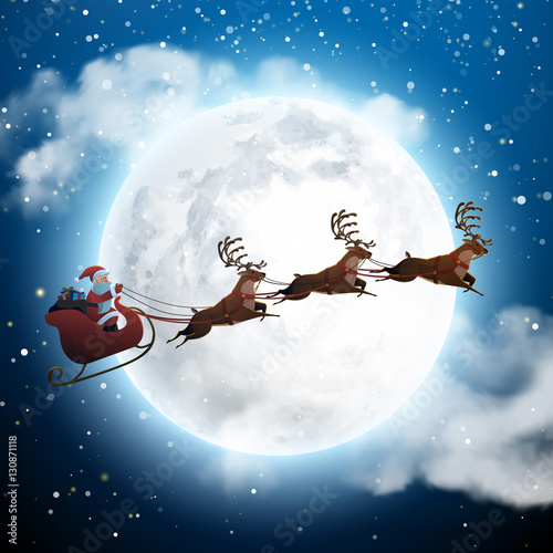 Santa Claus Flying on a Sleigh with Deer at Night and Big Moon. Snowy Christmas Landscape Concept for Greeting or Postal Card. Background Vector Illustration in Cartoon Style