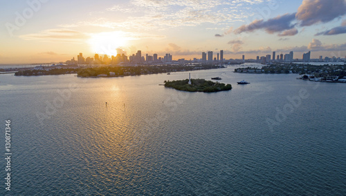 City of Miami Florida Aerial Sunset View Biscayne Bay
