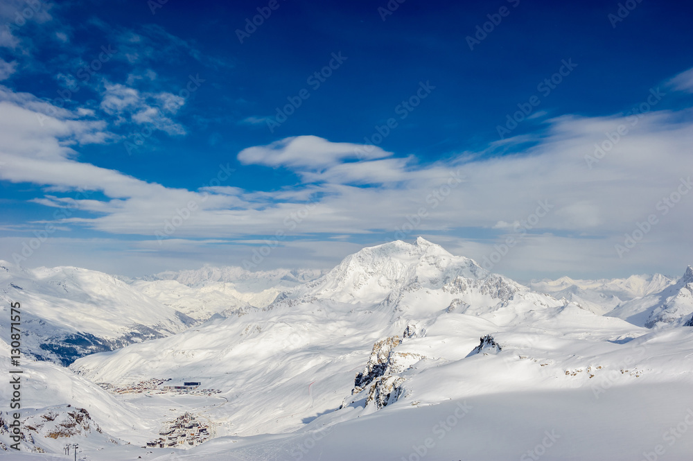 Alpine winter mountain landscape. French Alps with snow. Alpine winter mountain landscape. French Alps with snow.