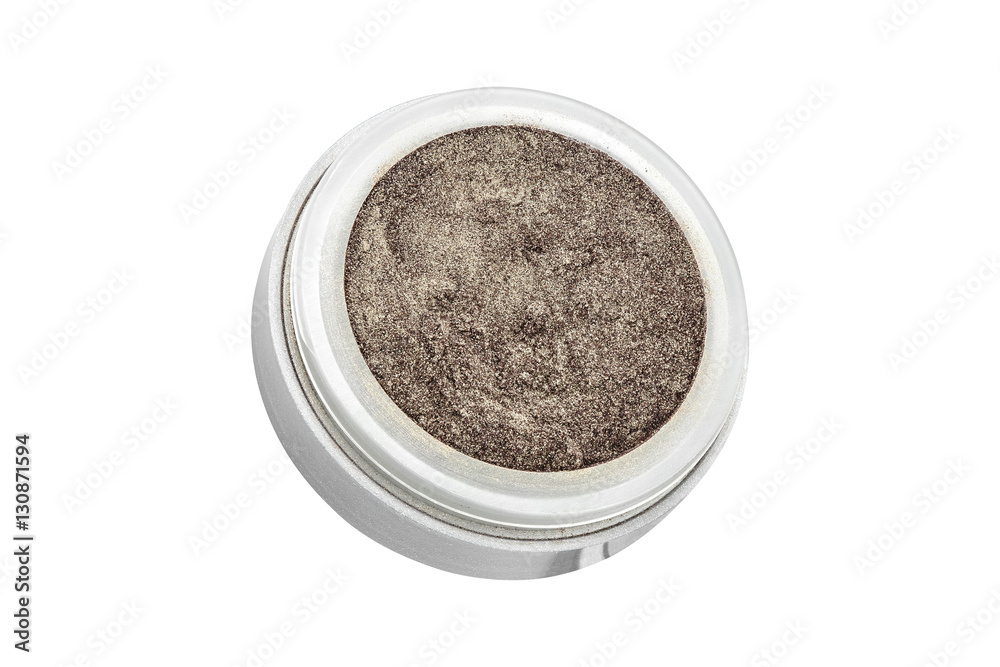 Brown color eyeshadow powder with glitter particles, in round grey open container, beauty product isolated on white background Brown color eyeshadow powder with glitter particles, in round grey open container, beauty product isolated on white background