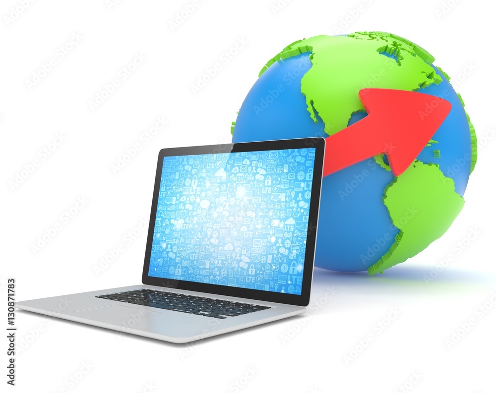 Laptop network and earth globe. 3d render Laptop network and earth globe. 3d render