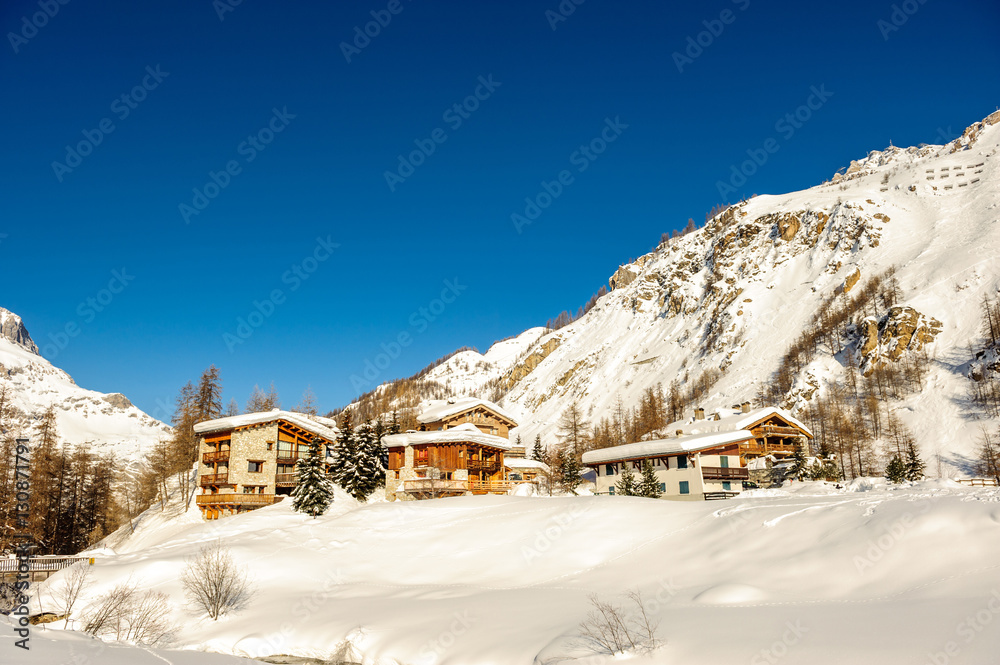 Alpine winter mountain landscape. French Alps with snow.