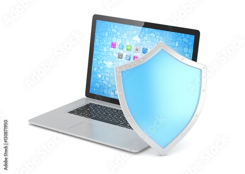 Free Download Laptop and shield on white, computer security concept. 3d rendering. - GFXLoad